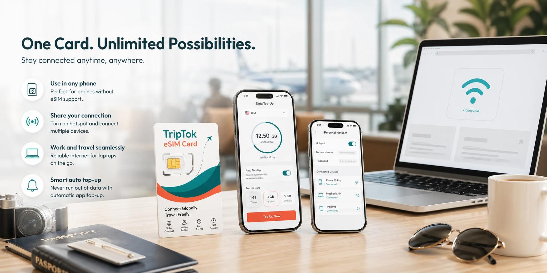 TripTok eSIM Card, 자동 충전 앱 화면, 핫스팟으로 연결된 노트북 활용 사례 이미지