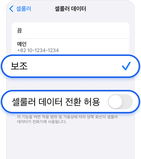 보조(eSIM) 선택 및 데이터 전환 OFF