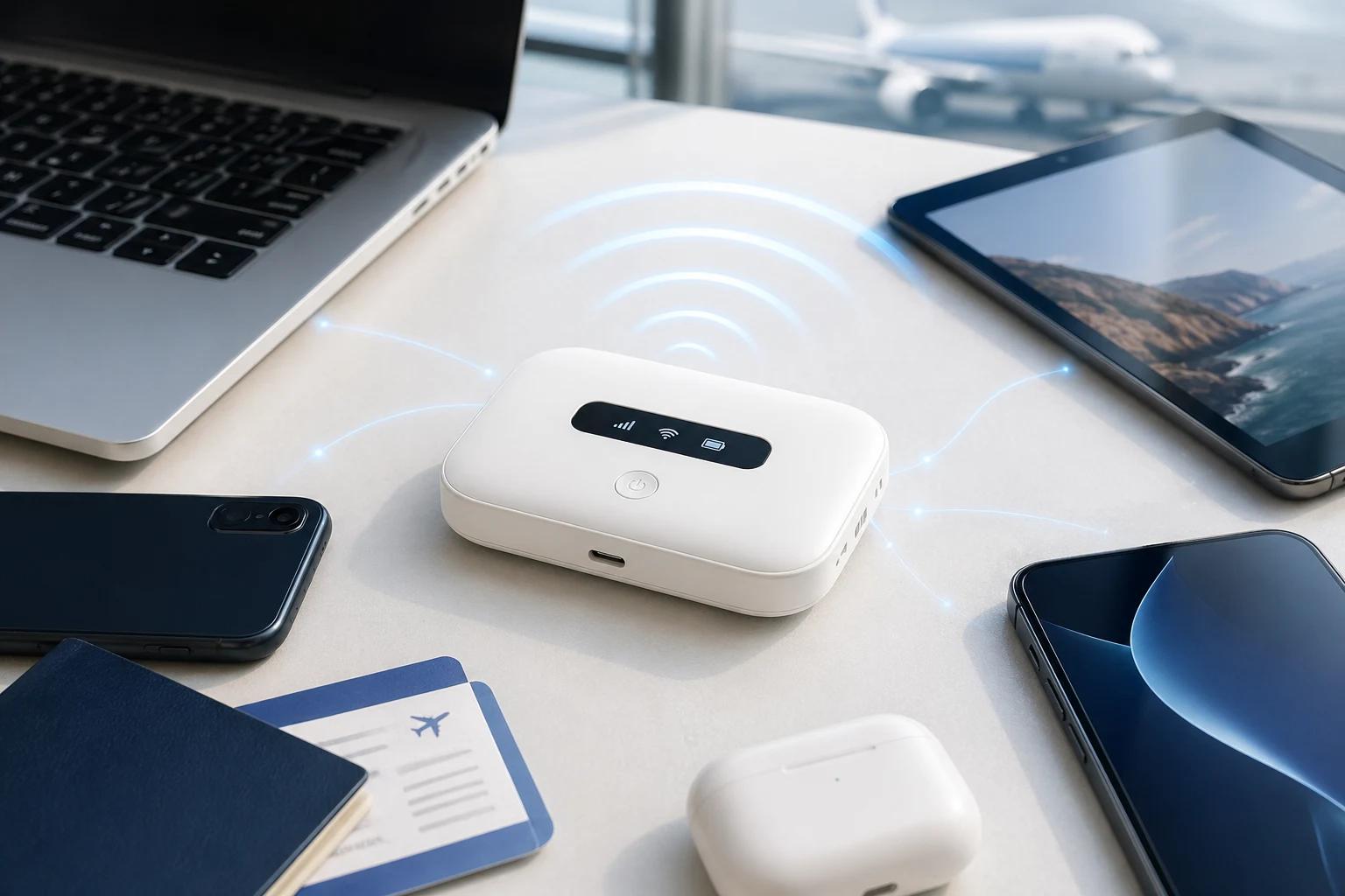 MiFi product image connecting phones, tablets, and laptops
