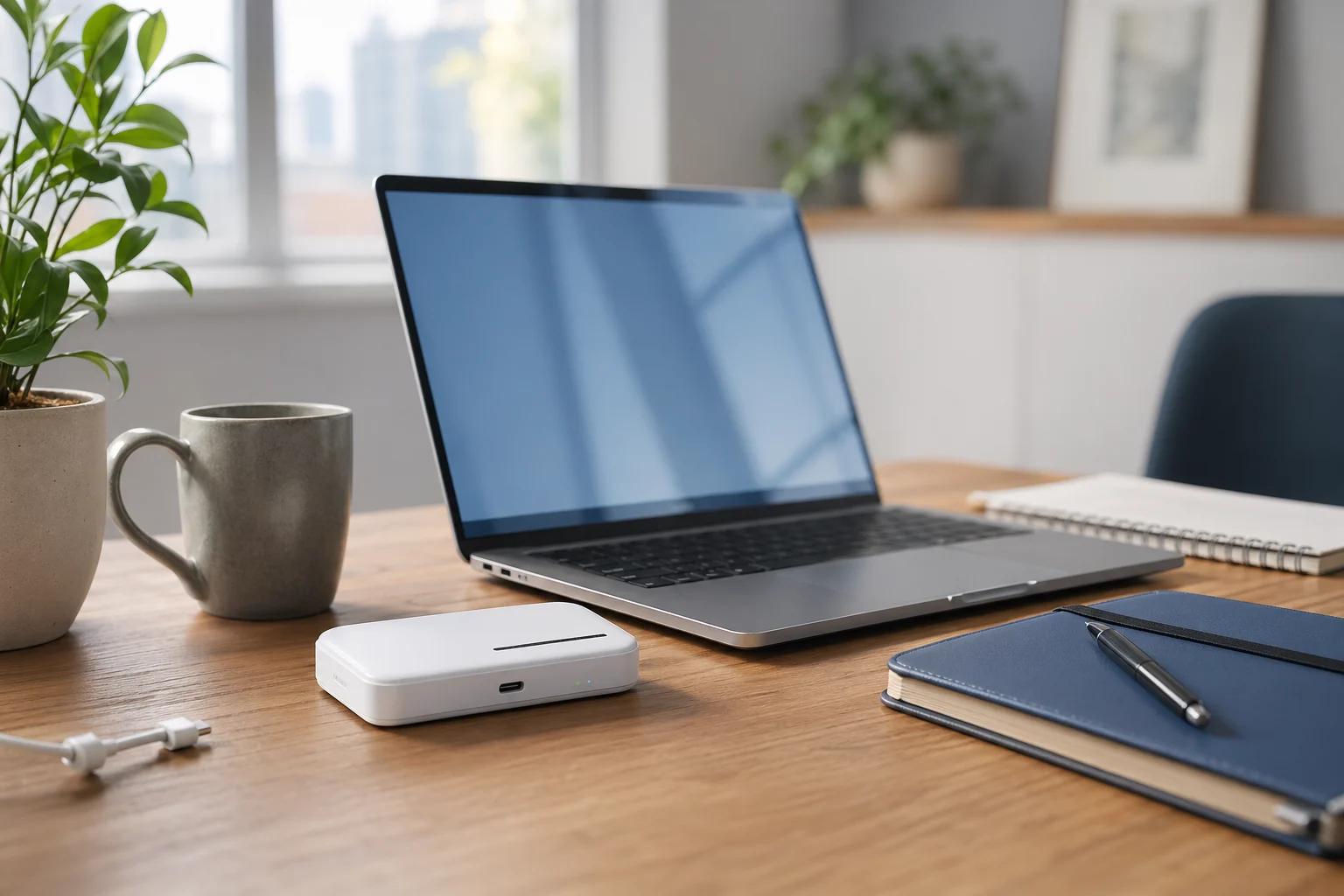 TripTok MiFi used in an office, business trip, and home setting