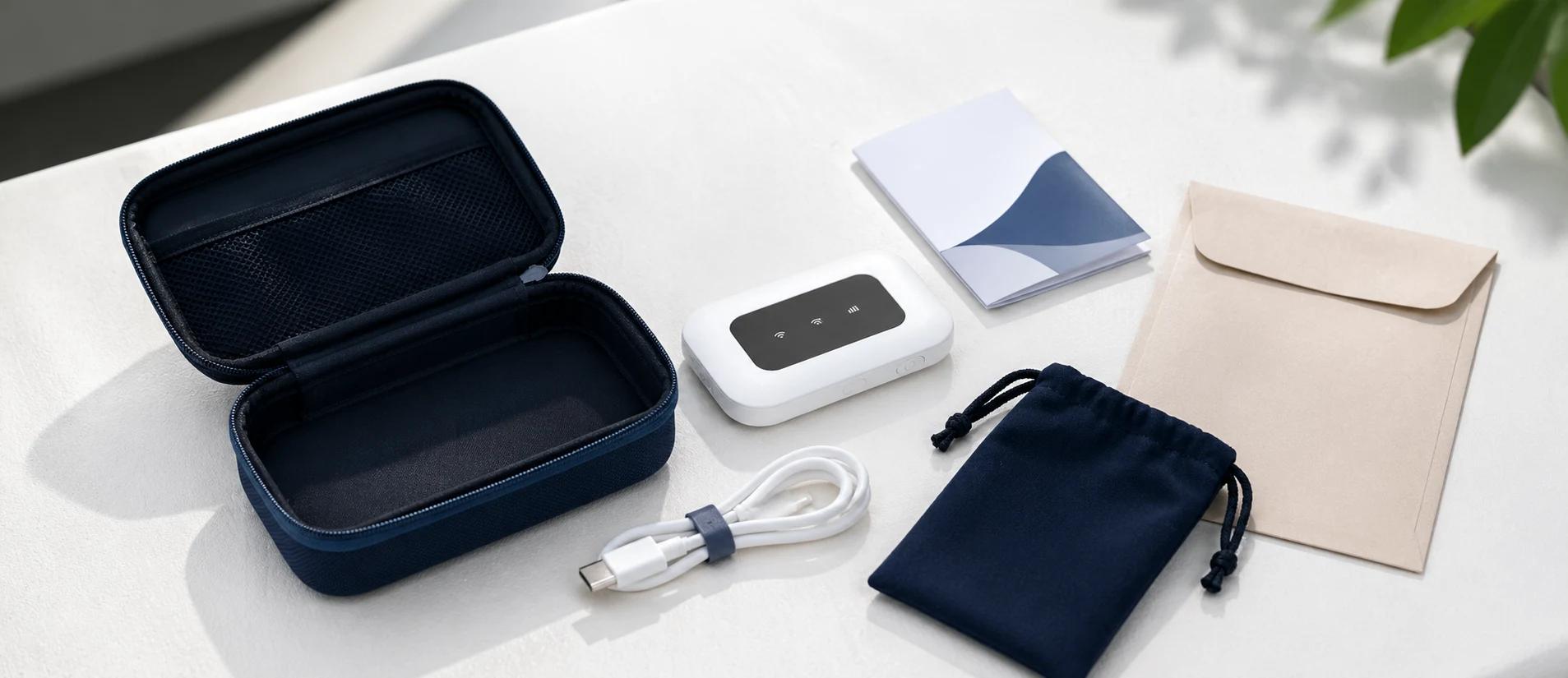 Rental kit image with MiFi device, charging cable, guide, and return envelope