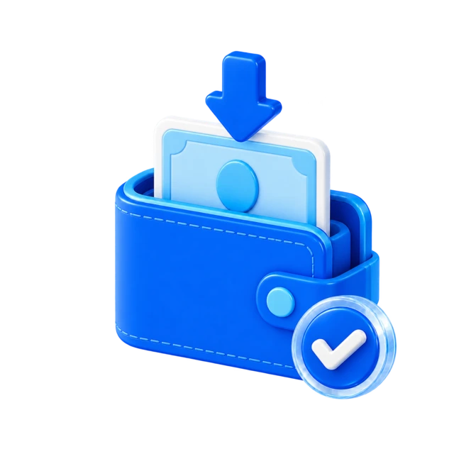 3D wallet icon representing a completed cashback payout