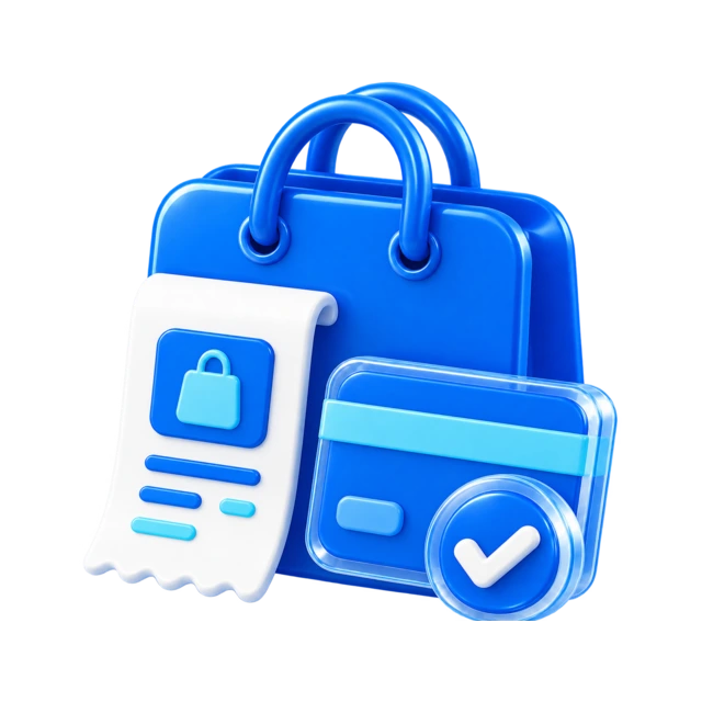 3D shopping bag icon representing a purchase at the linked store
