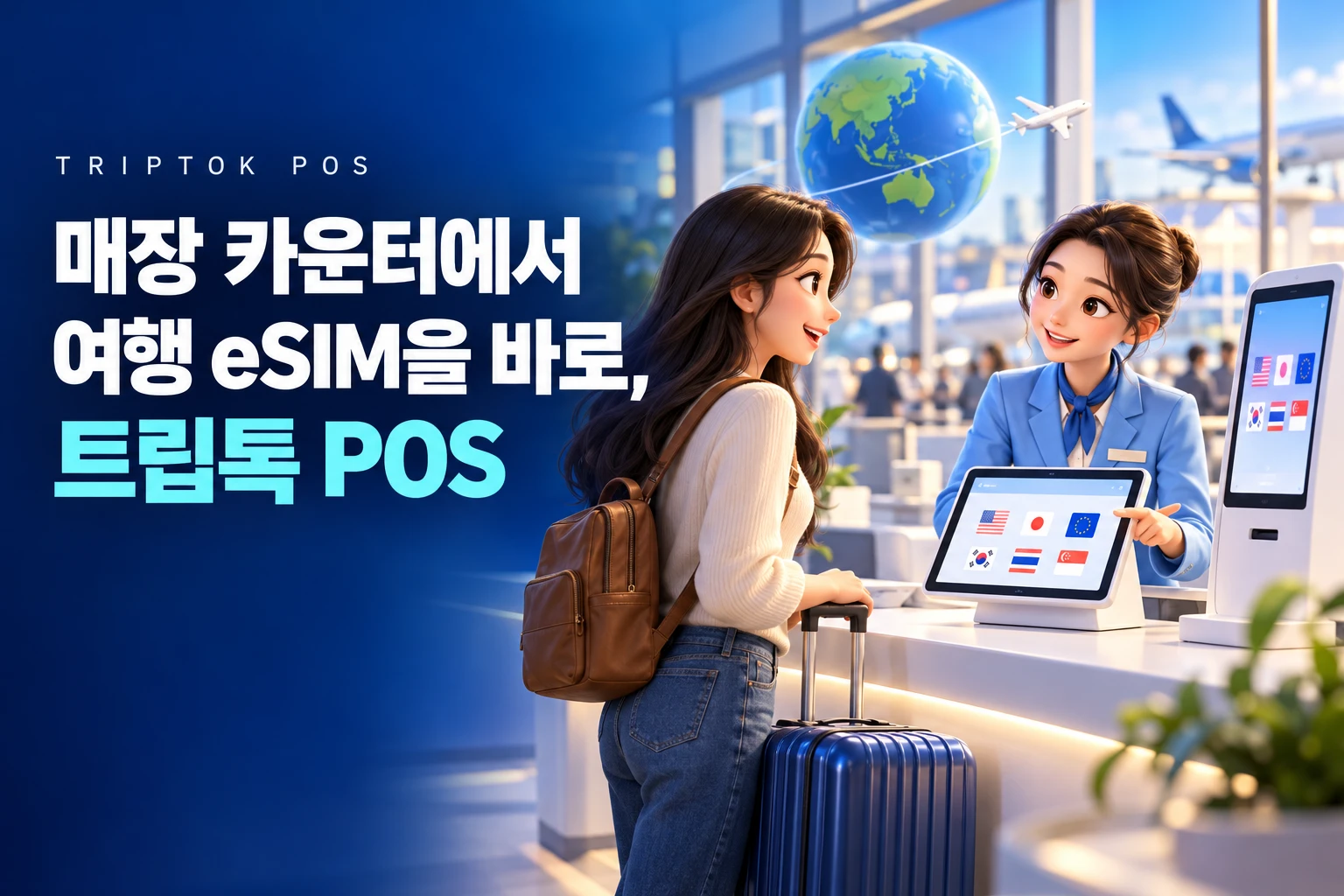 매장 카운터에서 여행 eSIM을 바로, 트립톡 POS. 매장 카운터의 트립톡 POS와 셀프 키오스크