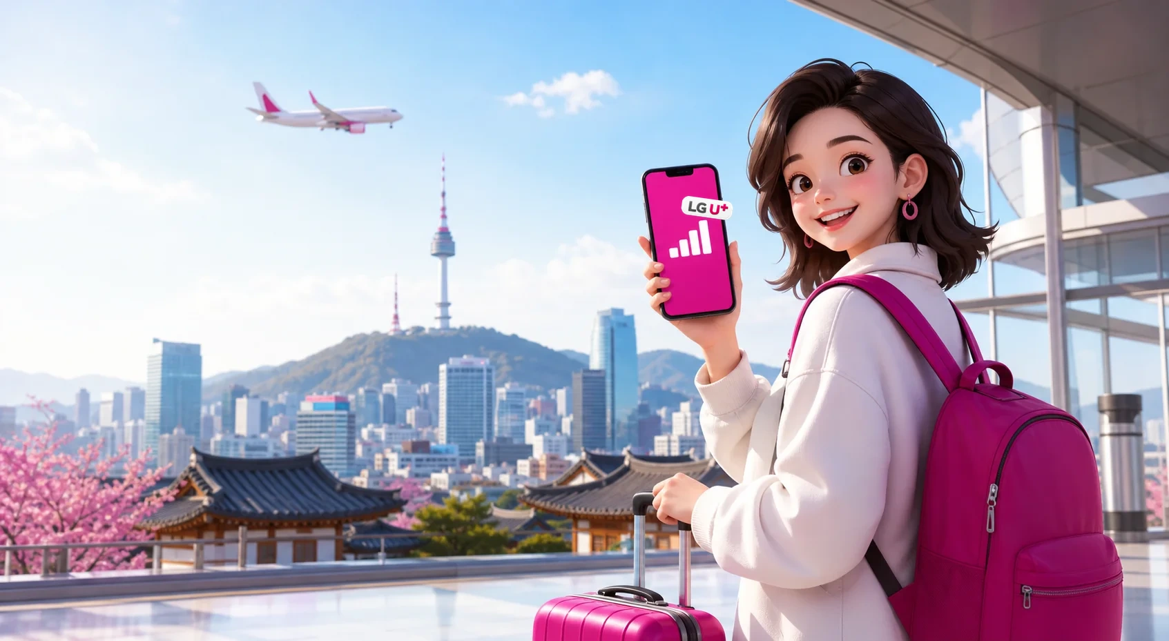 한국 배경과 LG U+ Korea SIM을 표현한 3D 여행자 캐릭터