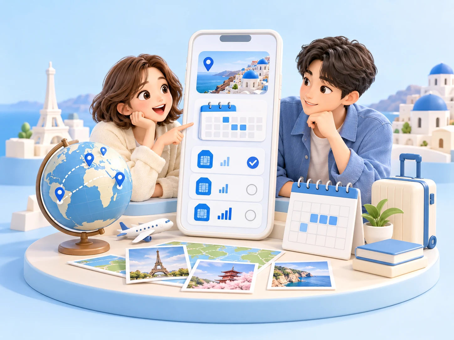 지도와 달력을 보며 스마트폰에서 여행용 eSIM을 고르는 여행자